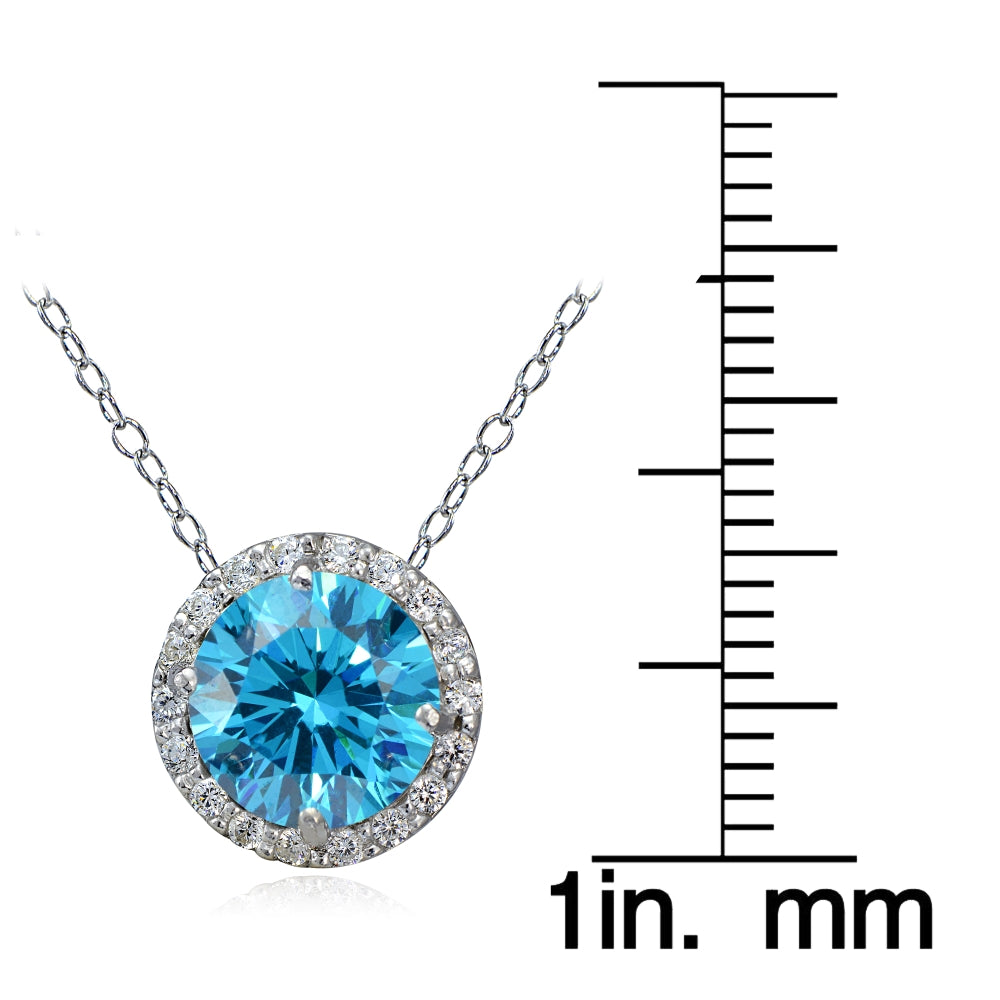 Platinum Plated Sterling Silver 100 Facets Blue Cubic Zirconia Halo Necklace (2cttw)-3