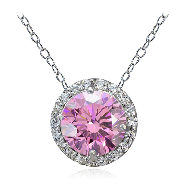 Platinum Plated Sterling Silver 100 Facets Light Pink Cubic Zirconia Halo Necklace (2cttw)