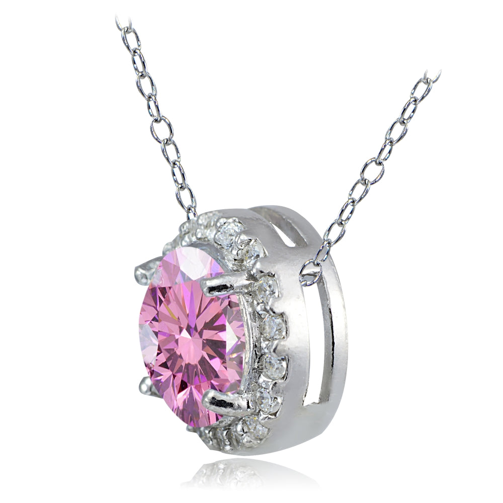 Platinum Plated Sterling Silver 100 Facets Light Pink Cubic Zirconia Halo Necklace (2cttw)-2