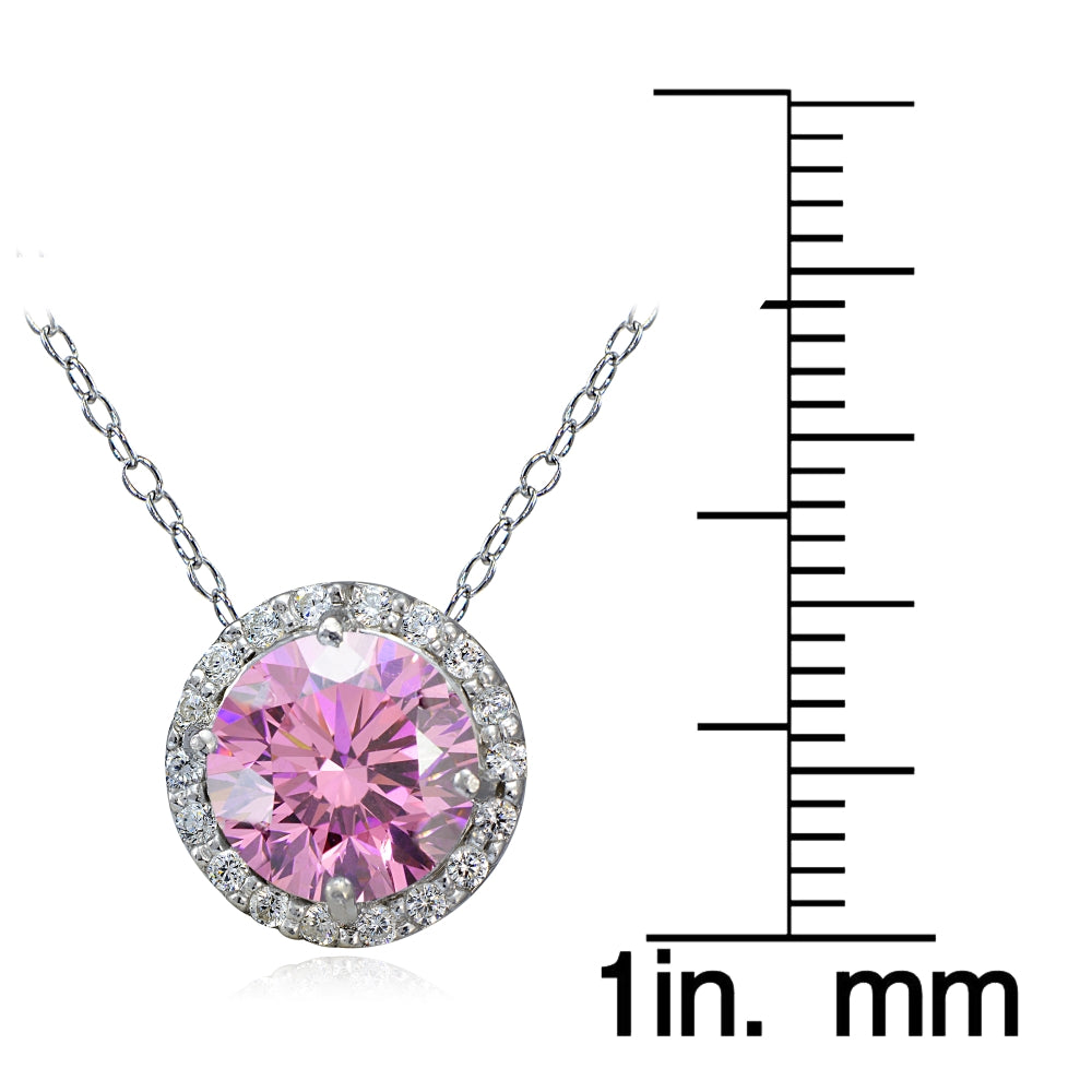 Platinum Plated Sterling Silver 100 Facets Light Pink Cubic Zirconia Halo Necklace (2cttw)-3