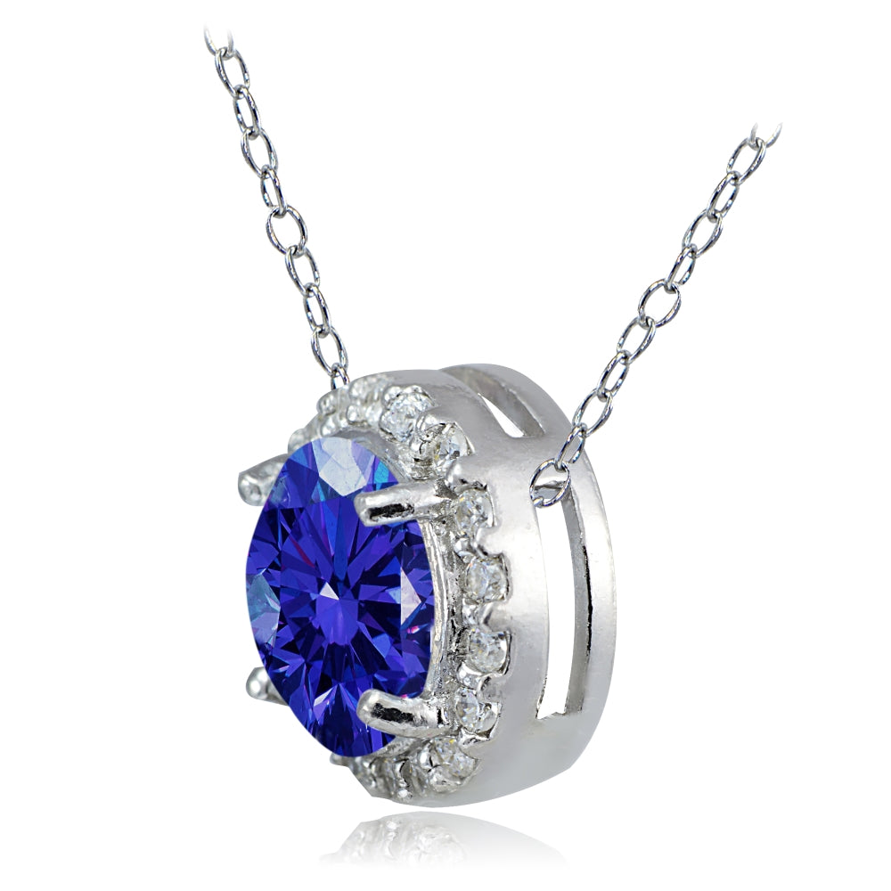 Platinum Plated Sterling Silver 100 Facets Blue Violet Cubic Zirconia Halo Necklace (2cttw)-2