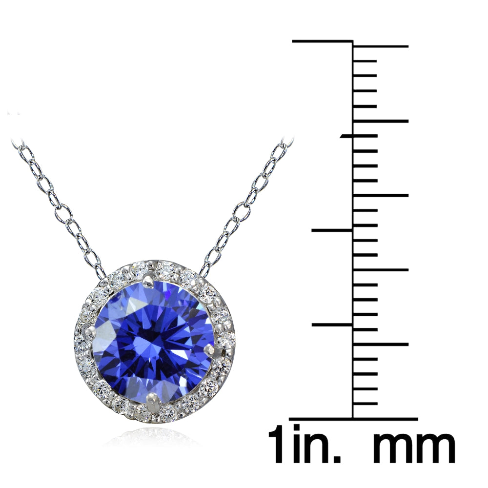 Platinum Plated Sterling Silver 100 Facets Blue Violet Cubic Zirconia Halo Necklace (2cttw)-3