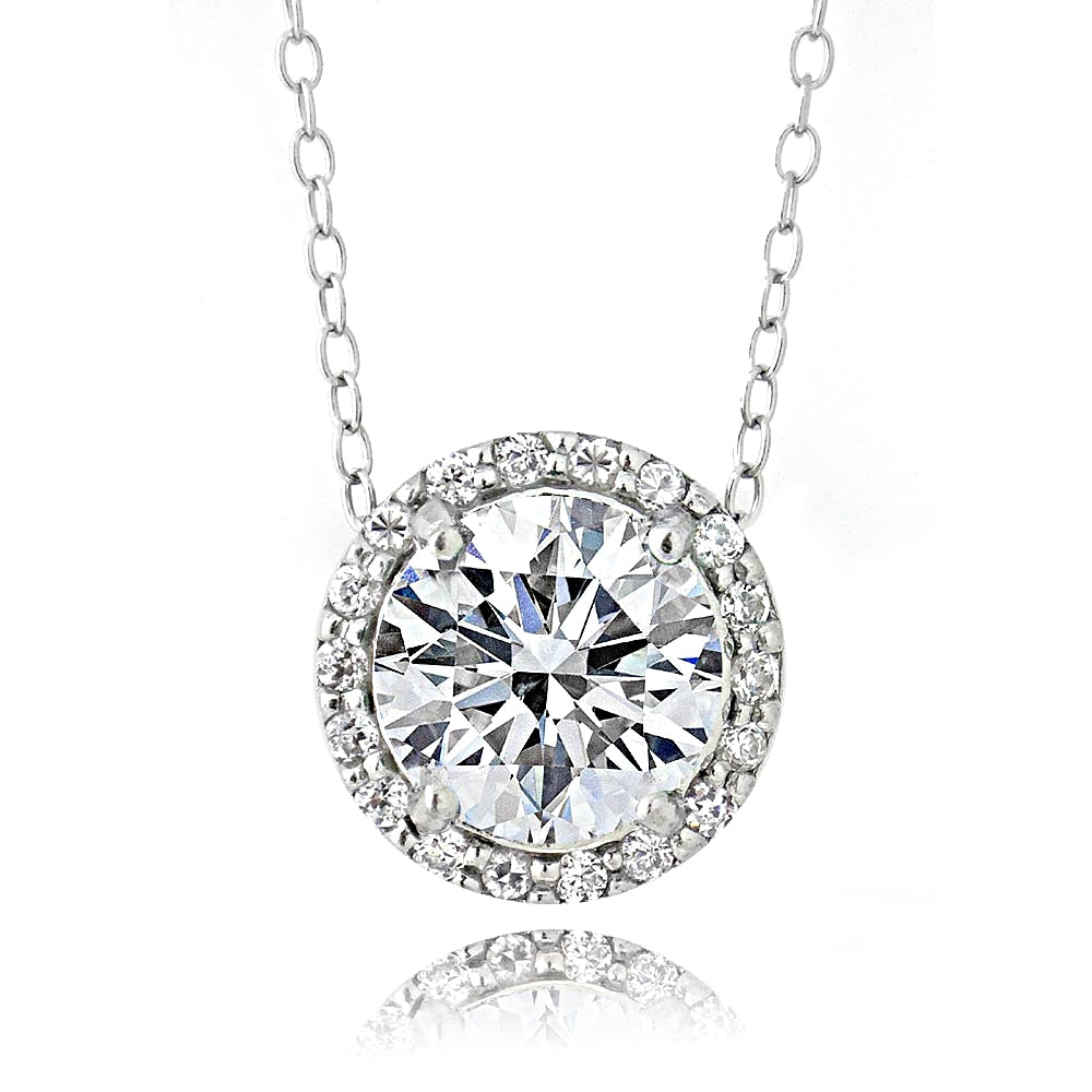 Platinum Plated Sterling Silver 100 Facets Cubic Zirconia Halo Necklace (2ct tdw)