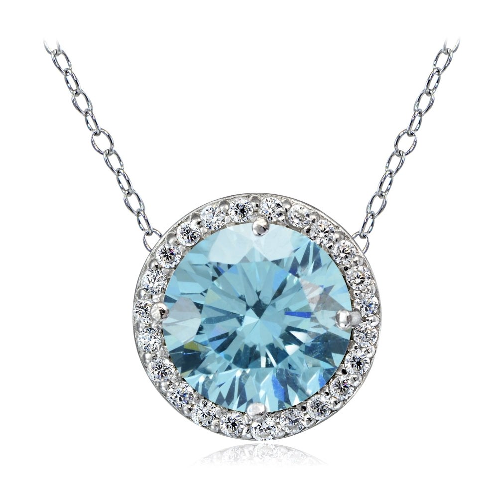 Platinum Plated Sterling Silver 100 Facets Light Blue Cubic Zirconia Halo Necklace (3cttw)