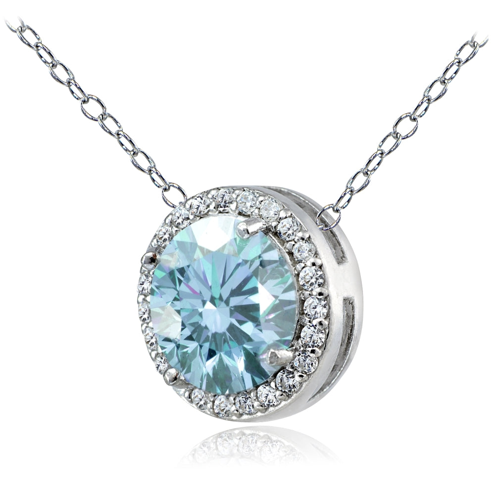 Platinum Plated Sterling Silver 100 Facets Light Blue Cubic Zirconia Halo Necklace (3cttw)-2