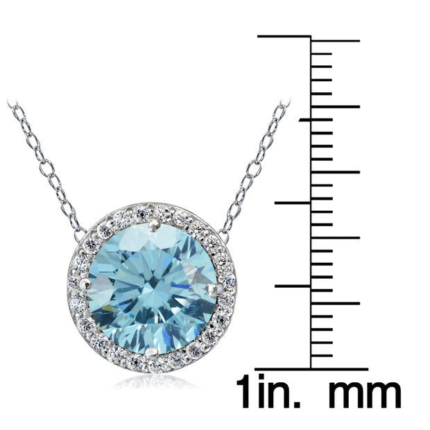 Platinum Plated Sterling Silver 100 Facets Light Blue Cubic Zirconia Halo Necklace (3cttw)