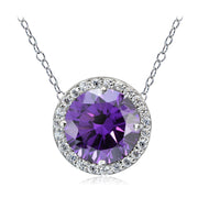 Platinum Plated Sterling Silver 100 Facets Purple Cubic Zirconia Halo Necklace (3cttw)