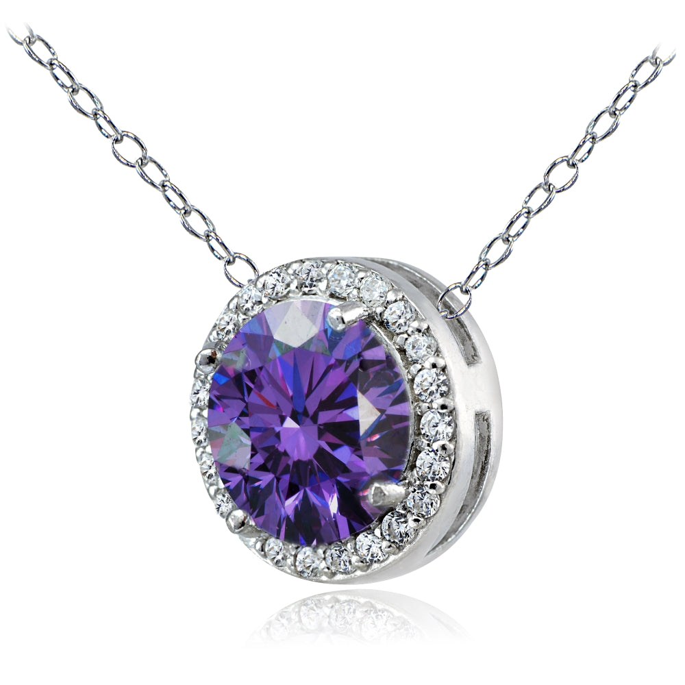 Platinum Plated Sterling Silver 100 Facets Purple Cubic Zirconia Halo Necklace (3cttw)-2