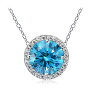 Platinum Plated Sterling Silver 100 Facets Blue Cubic Zirconia Halo Necklace (3cttw)