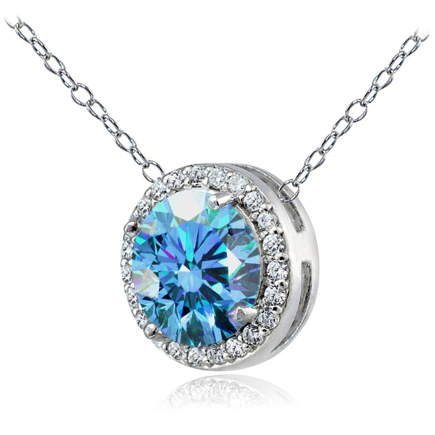 Platinum Plated Sterling Silver 100 Facets Blue Cubic Zirconia Halo Necklace (3cttw)