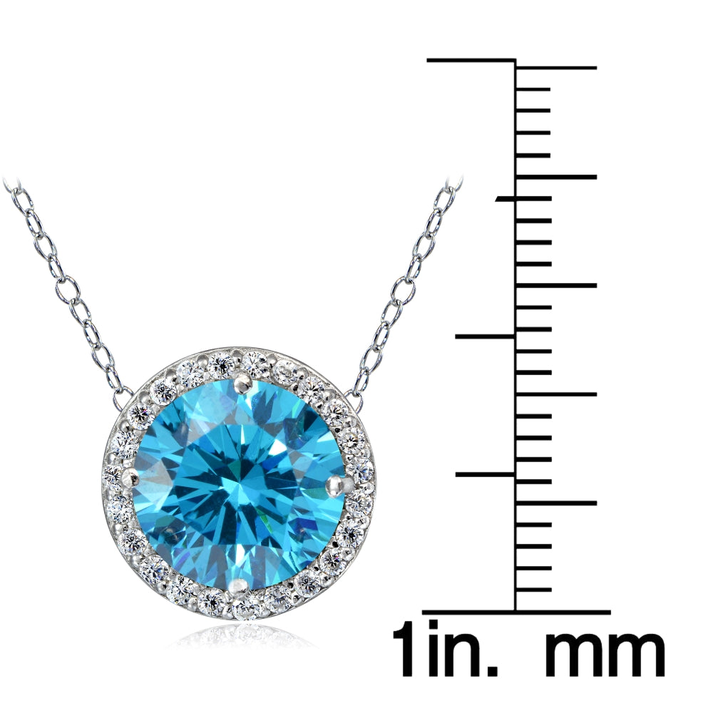 Platinum Plated Sterling Silver 100 Facets Blue Cubic Zirconia Halo Necklace (3cttw)-3
