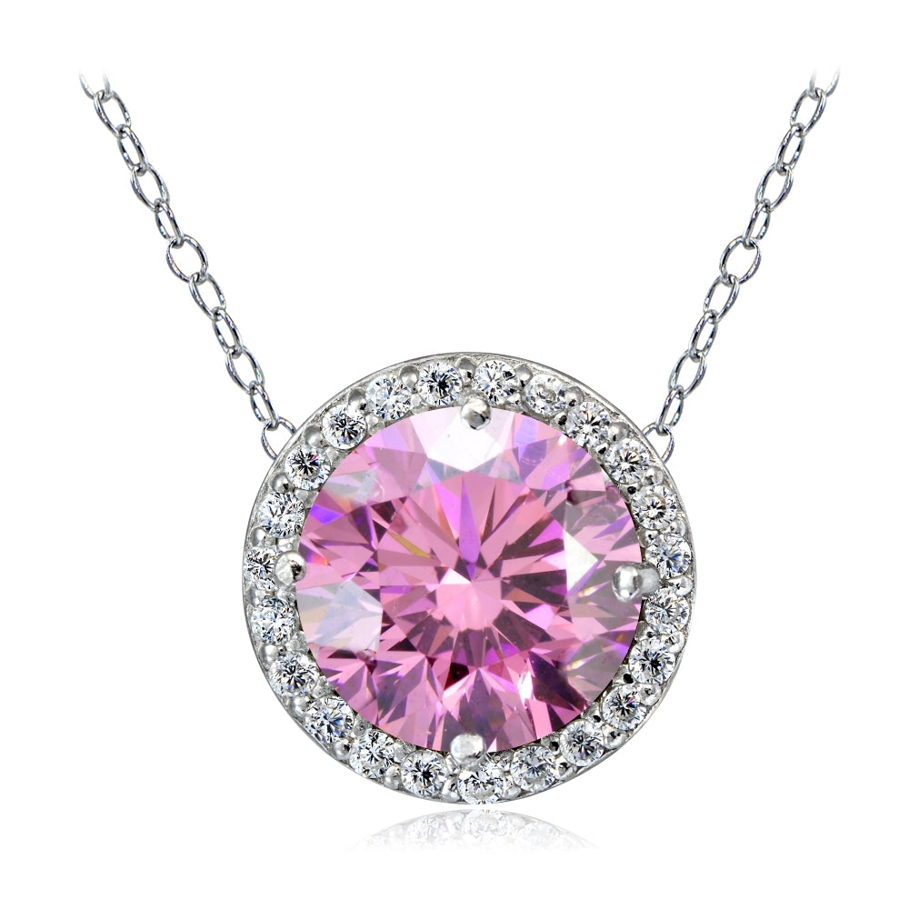 Platinum Plated Sterling Silver 100 Facets Light Pink Cubic Zirconia Halo Necklace (3cttw)