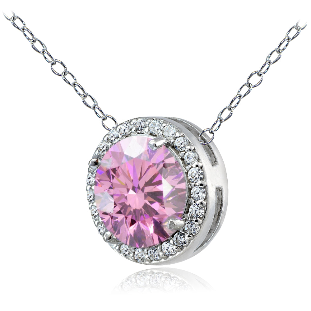 Platinum Plated Sterling Silver 100 Facets Light Pink Cubic Zirconia Halo Necklace (3cttw)-2