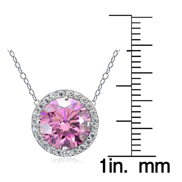Platinum Plated Sterling Silver 100 Facets Light Pink Cubic Zirconia Halo Necklace (3cttw)