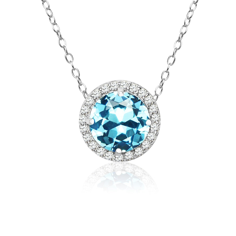Sterling Silver Created Aquamarine and Cubic Zirconia Round Halo Necklace