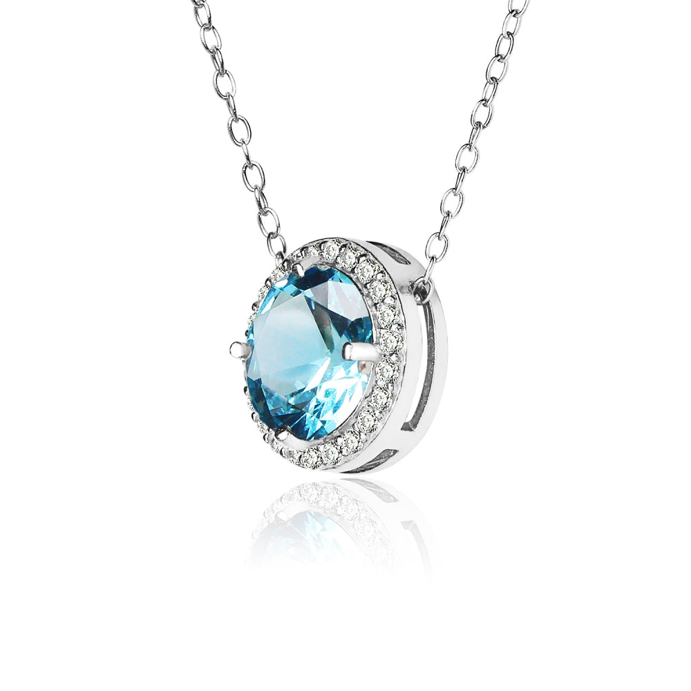 Sterling Silver Created Aquamarine and Cubic Zirconia Round Halo Necklace-2