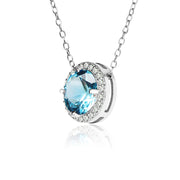 Sterling Silver Created Aquamarine and Cubic Zirconia Round Halo Necklace