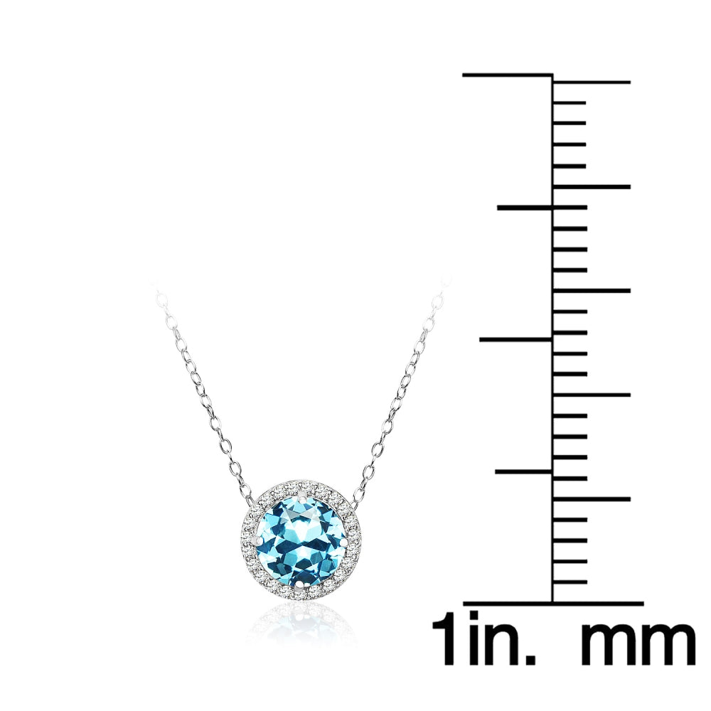 Sterling Silver Created Aquamarine and Cubic Zirconia Round Halo Necklace-4