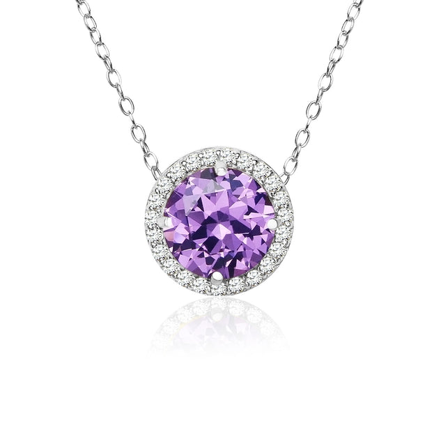 Sterling Silver Created Amethyst and Cubic Zirconia Round Halo Necklace