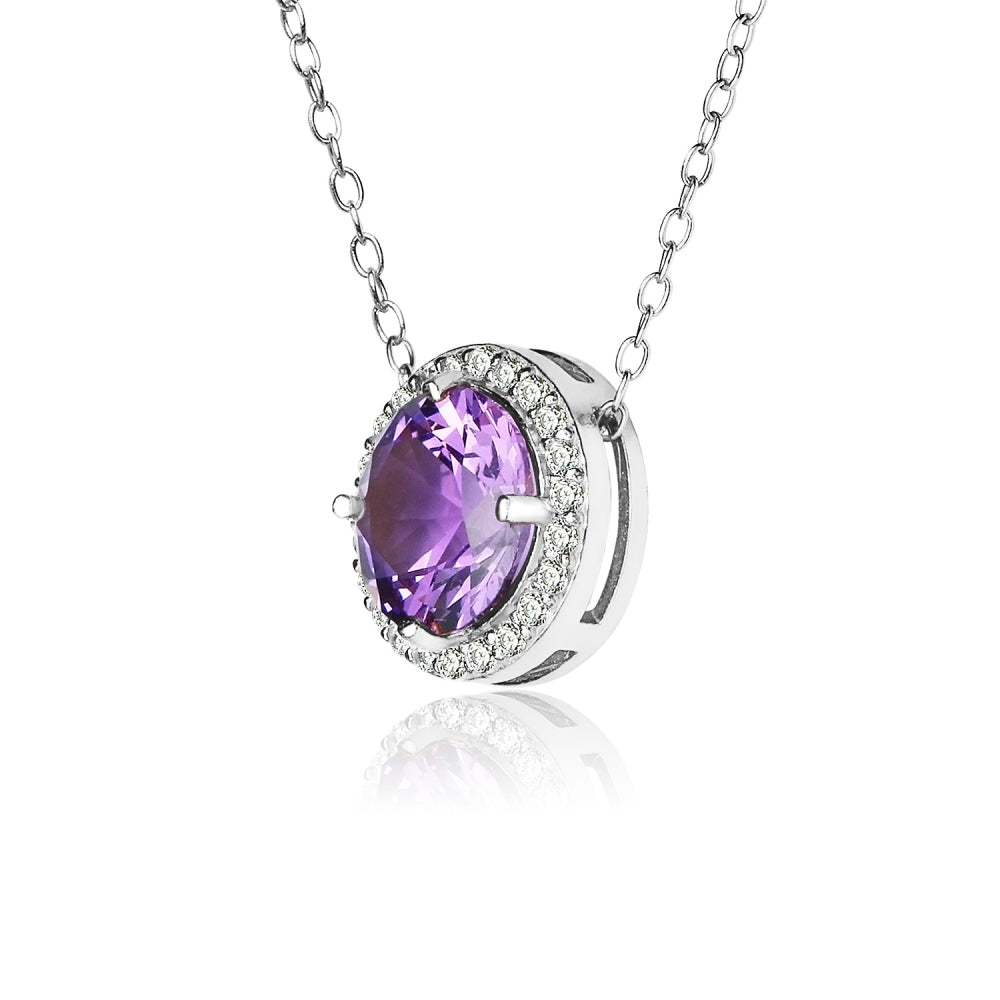 Sterling Silver Created Amethyst and Cubic Zirconia Round Halo Necklace-2