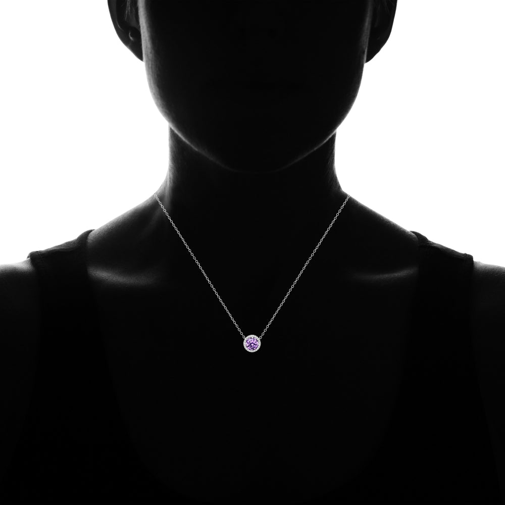 Sterling Silver Created Amethyst and Cubic Zirconia Round Halo Necklace-3