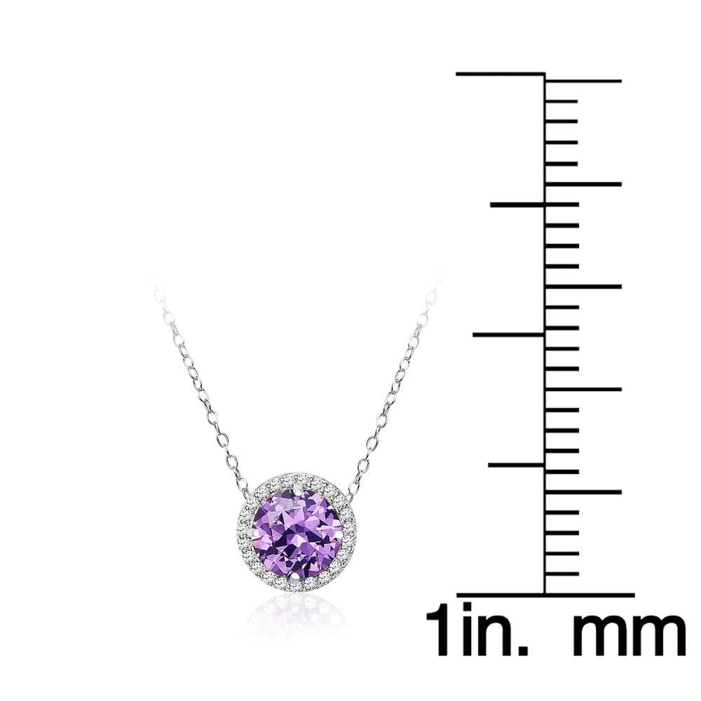 Sterling Silver Created Amethyst and Cubic Zirconia Round Halo Necklace-4