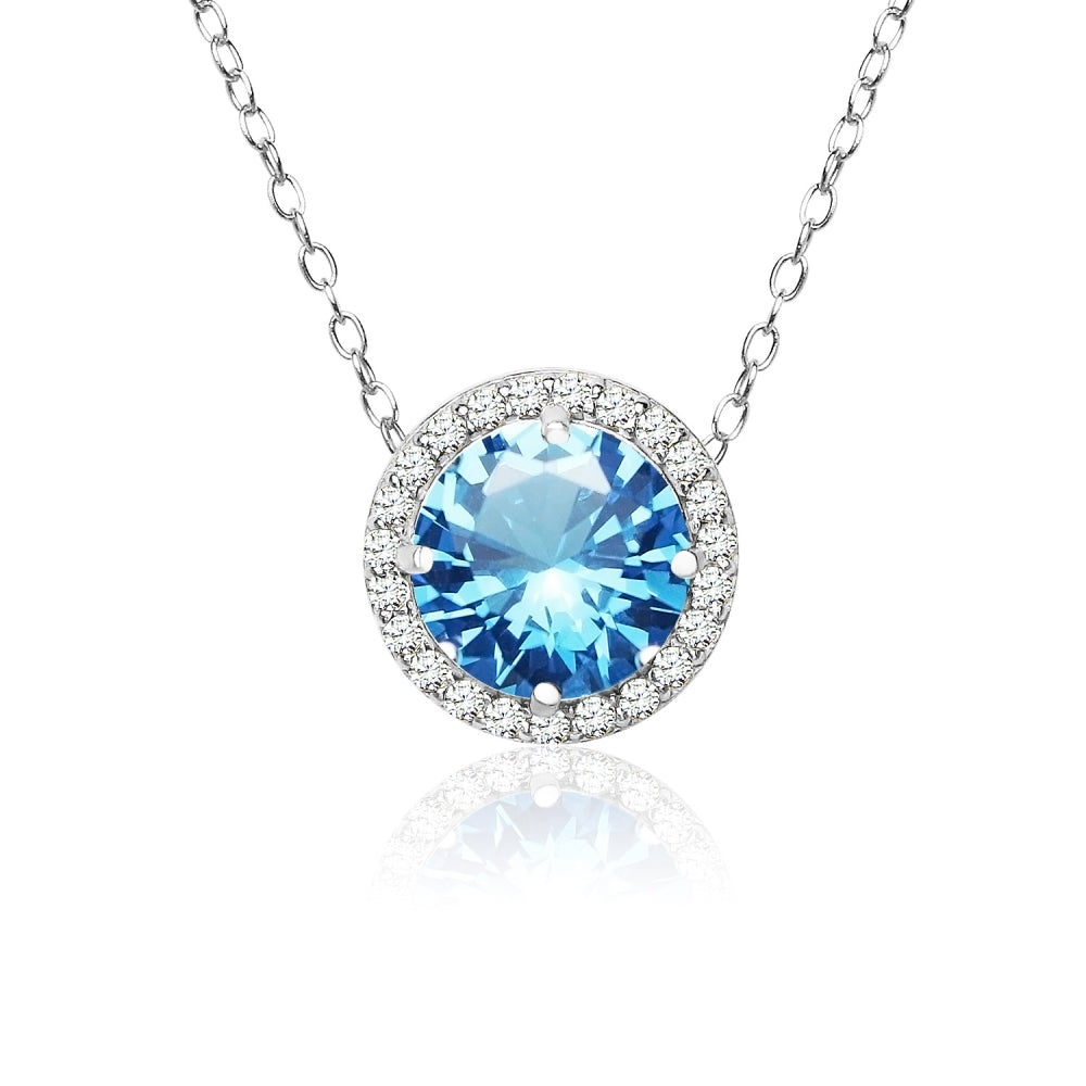 Sterling Silver Created Blue Topaz and Cubic Zirconia Round Halo Necklace