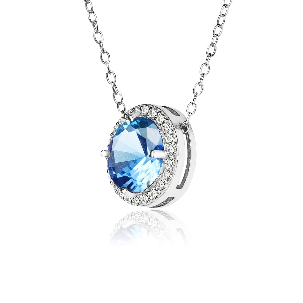 Sterling Silver Created Blue Topaz and Cubic Zirconia Round Halo Necklace-2