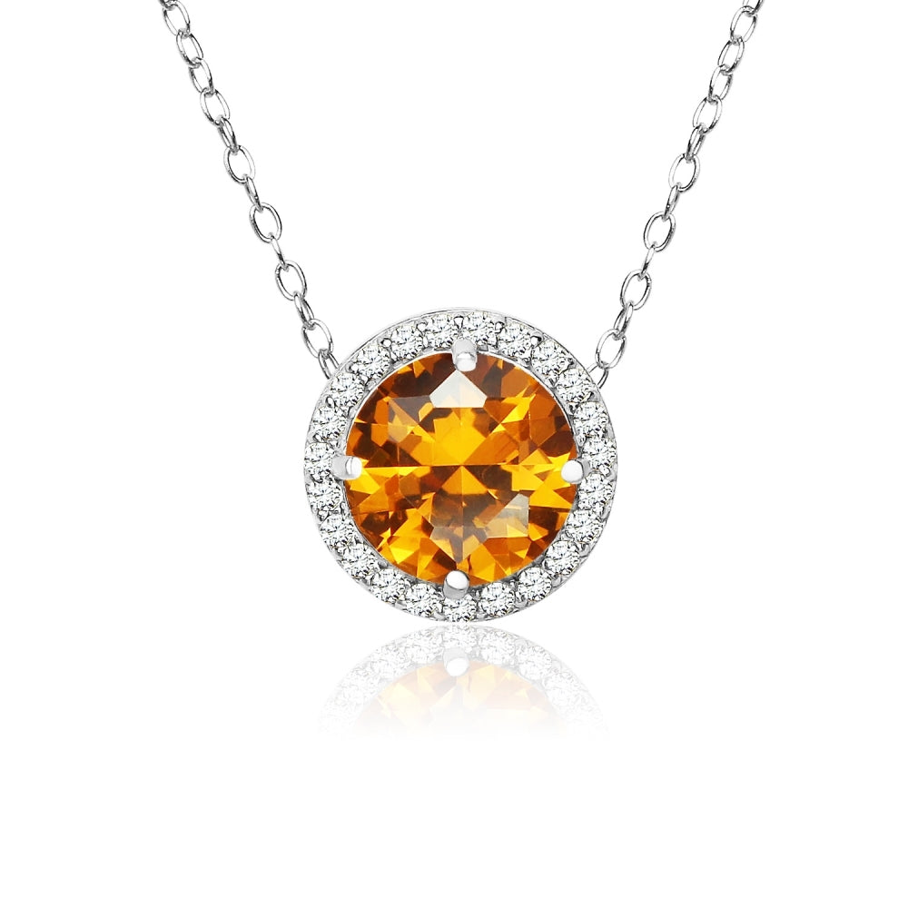 Sterling Silver Created Citrine and Cubic Zirconia Round Halo Necklace