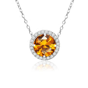 Sterling Silver Created Citrine and Cubic Zirconia Round Halo Necklace