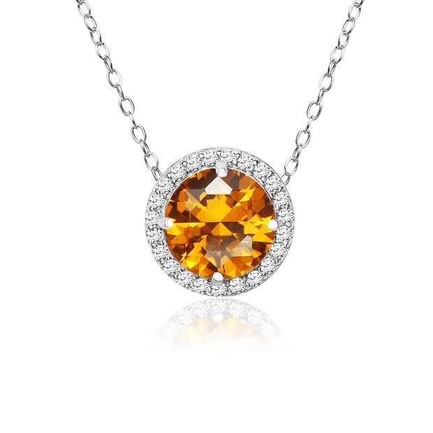 Sterling Silver Created Citrine and Cubic Zirconia Round Halo Necklace