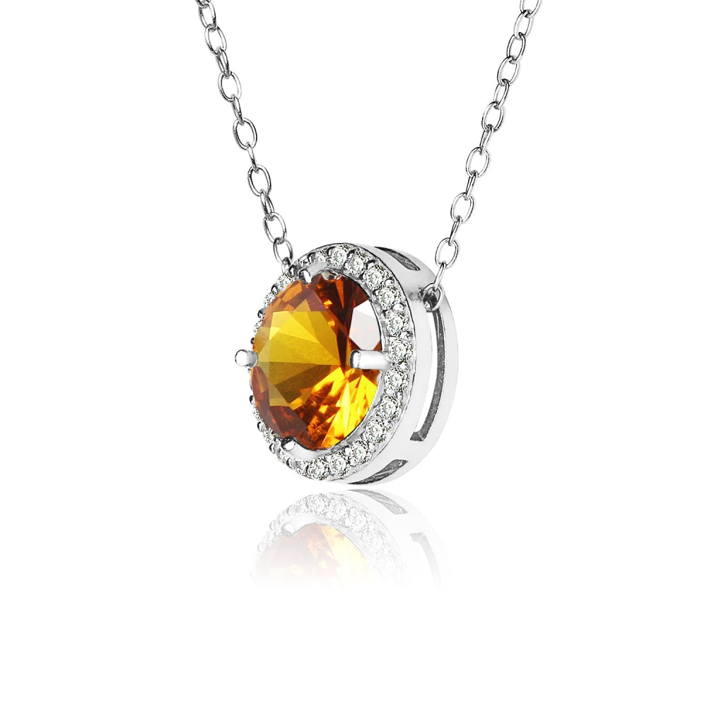 Sterling Silver Created Citrine and Cubic Zirconia Round Halo Necklace-2