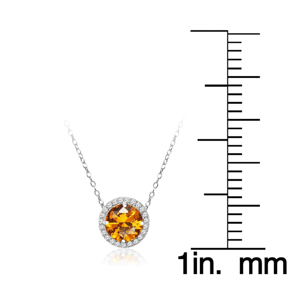 Sterling Silver Created Citrine and Cubic Zirconia Round Halo Necklace-4