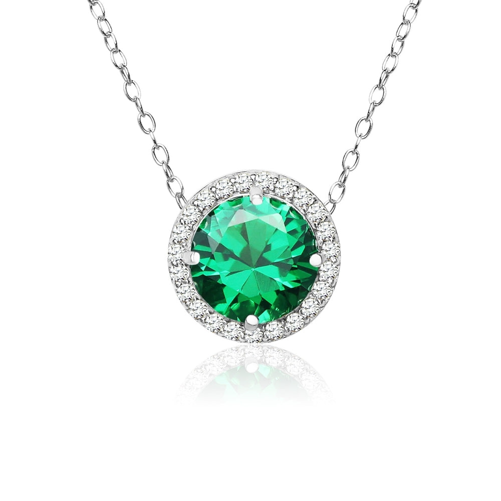 Sterling Silver Created Emerald and Cubic Zirconia Round Halo Necklace