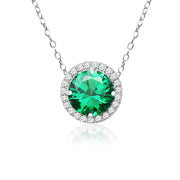 Sterling Silver Created Emerald and Cubic Zirconia Round Halo Necklace