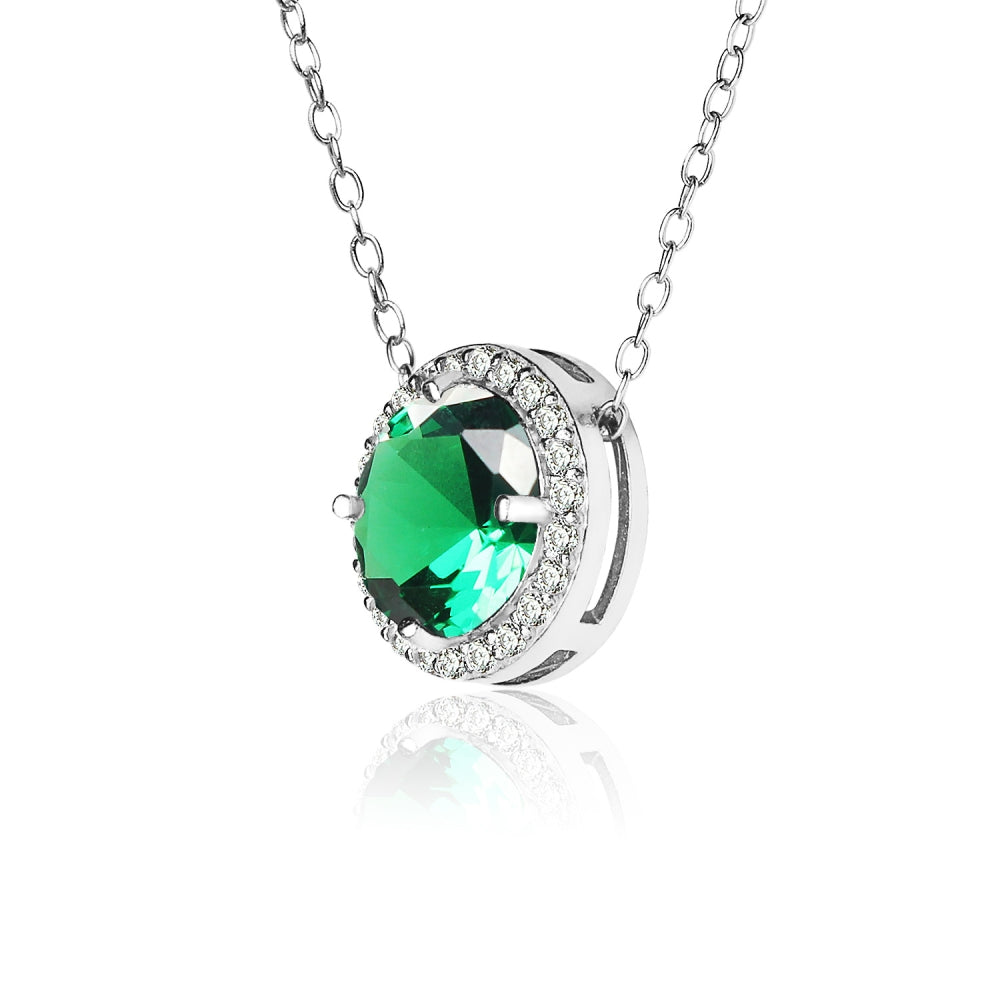 Sterling Silver Created Emerald and Cubic Zirconia Round Halo Necklace-2
