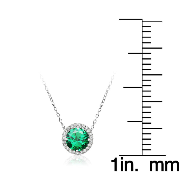 Sterling Silver Created Emerald and Cubic Zirconia Round Halo Necklace