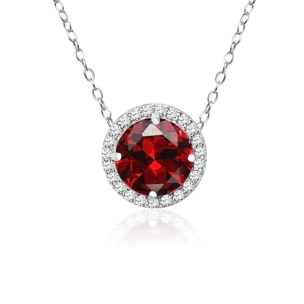 Sterling Silver Created Garnet and Cubic Zirconia Round Halo Necklace