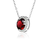 Sterling Silver Created Garnet and Cubic Zirconia Round Halo Necklace