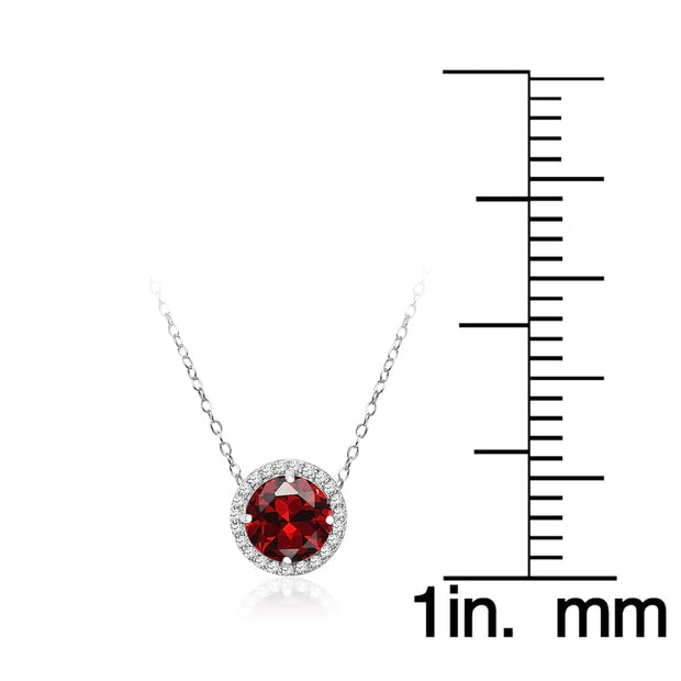 Sterling Silver Created Garnet and Cubic Zirconia Round Halo Necklace
