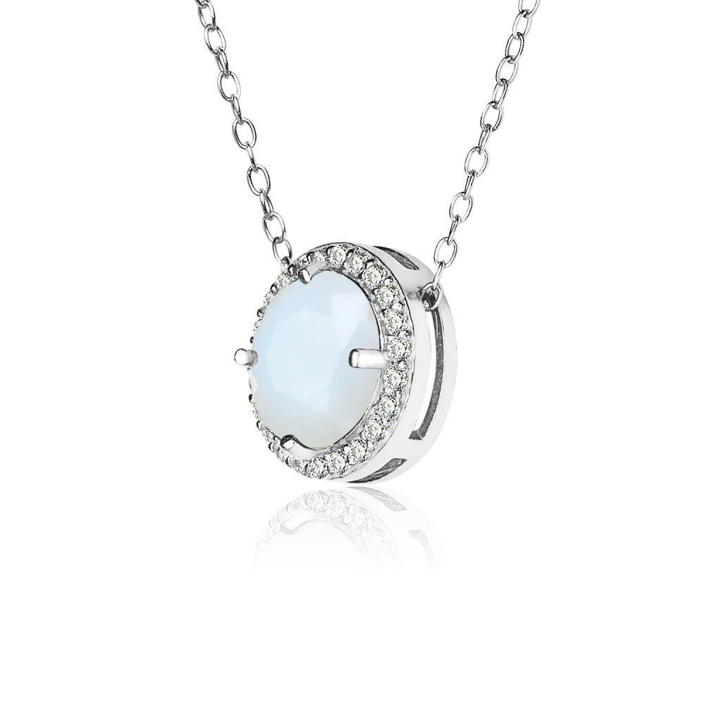 Sterling Silver Created White Opal and Cubic Zirconia Round Halo Necklace-2