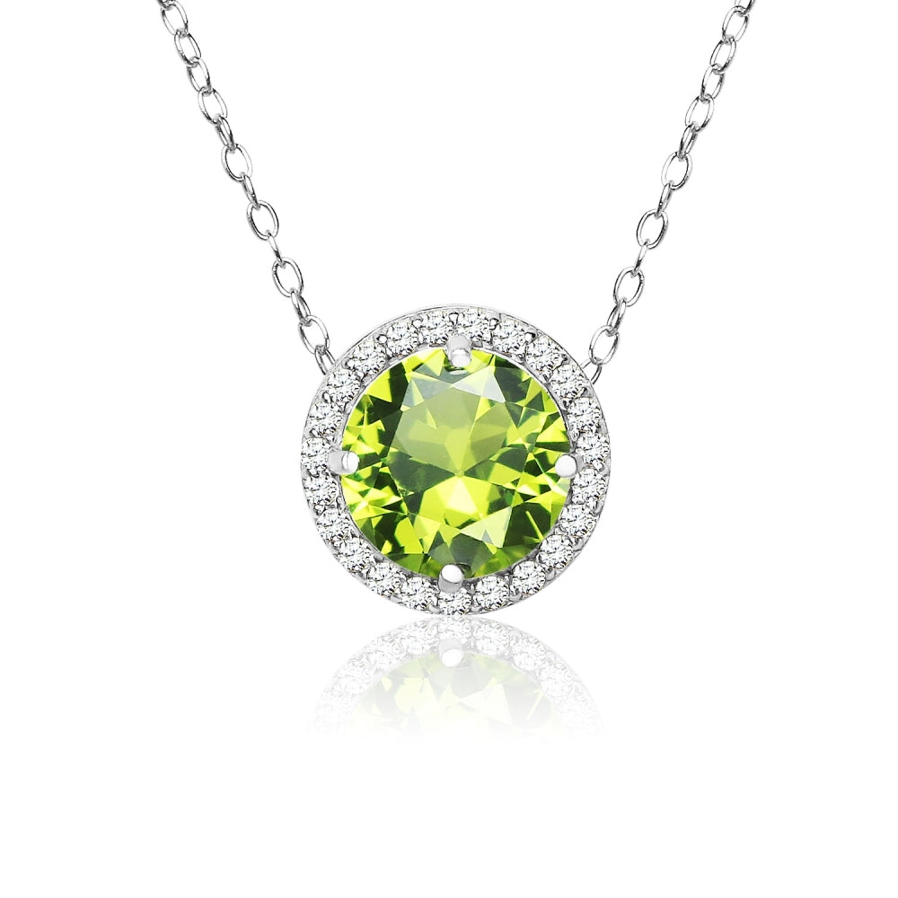 Sterling Silver Created Peridot and Cubic Zirconia Round Halo Necklace