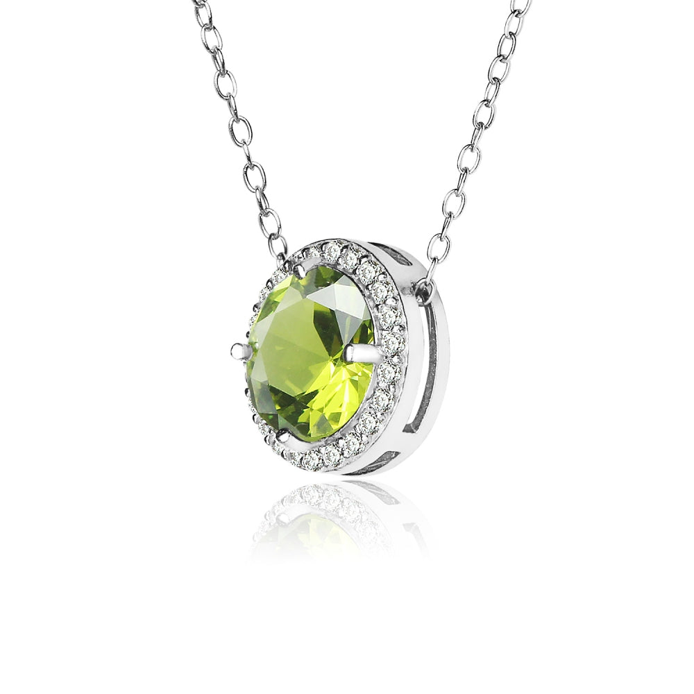 Sterling Silver Created Peridot and Cubic Zirconia Round Halo Necklace-2