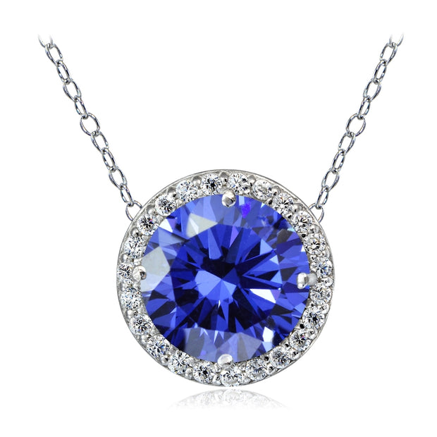Platinum Plated Sterling Silver 100 Facets Blue Violet Cubic Zirconia Halo Necklace (3cttw)