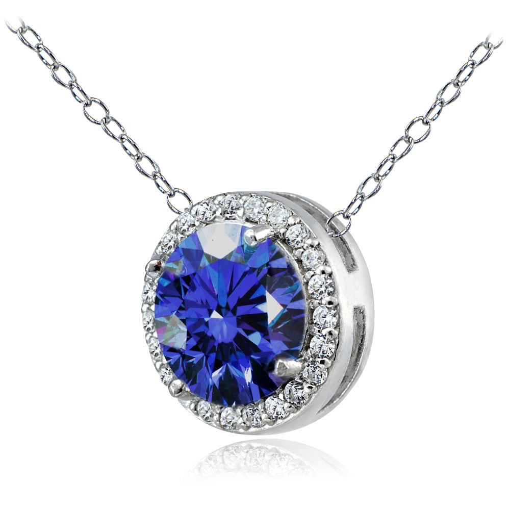 Platinum Plated Sterling Silver 100 Facets Blue Violet Cubic Zirconia Halo Necklace (3cttw)-2