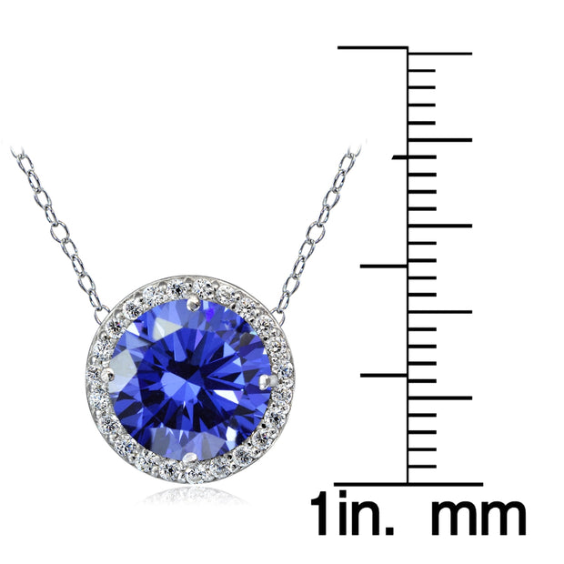 Platinum Plated Sterling Silver 100 Facets Blue Violet Cubic Zirconia Halo Necklace (3cttw)