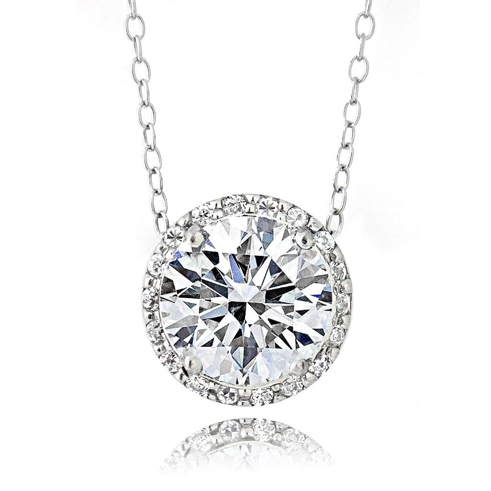 Platinum Plated Sterling Silver 100 Facets Cubic Zirconia Halo Necklace (3cttw)