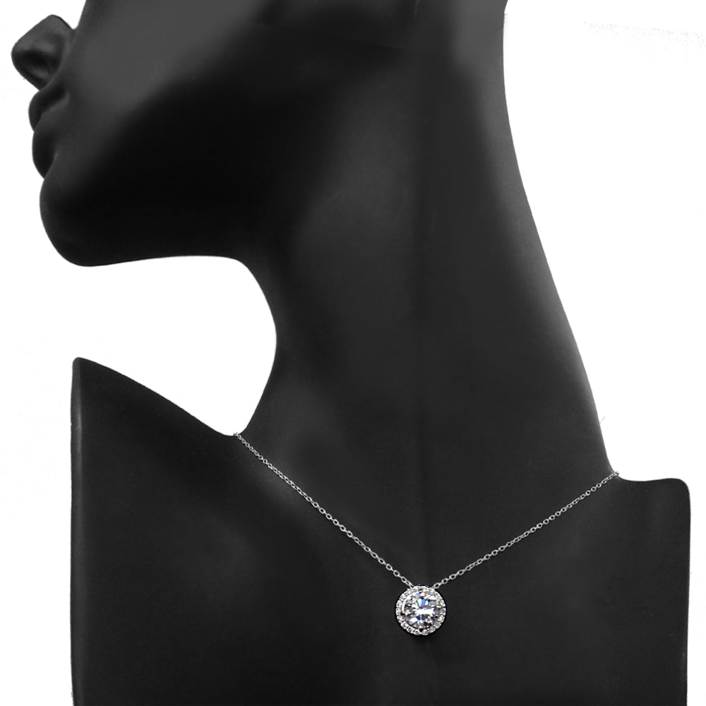 Platinum Plated Sterling Silver 100 Facets Cubic Zirconia Halo Necklace (3cttw)-4