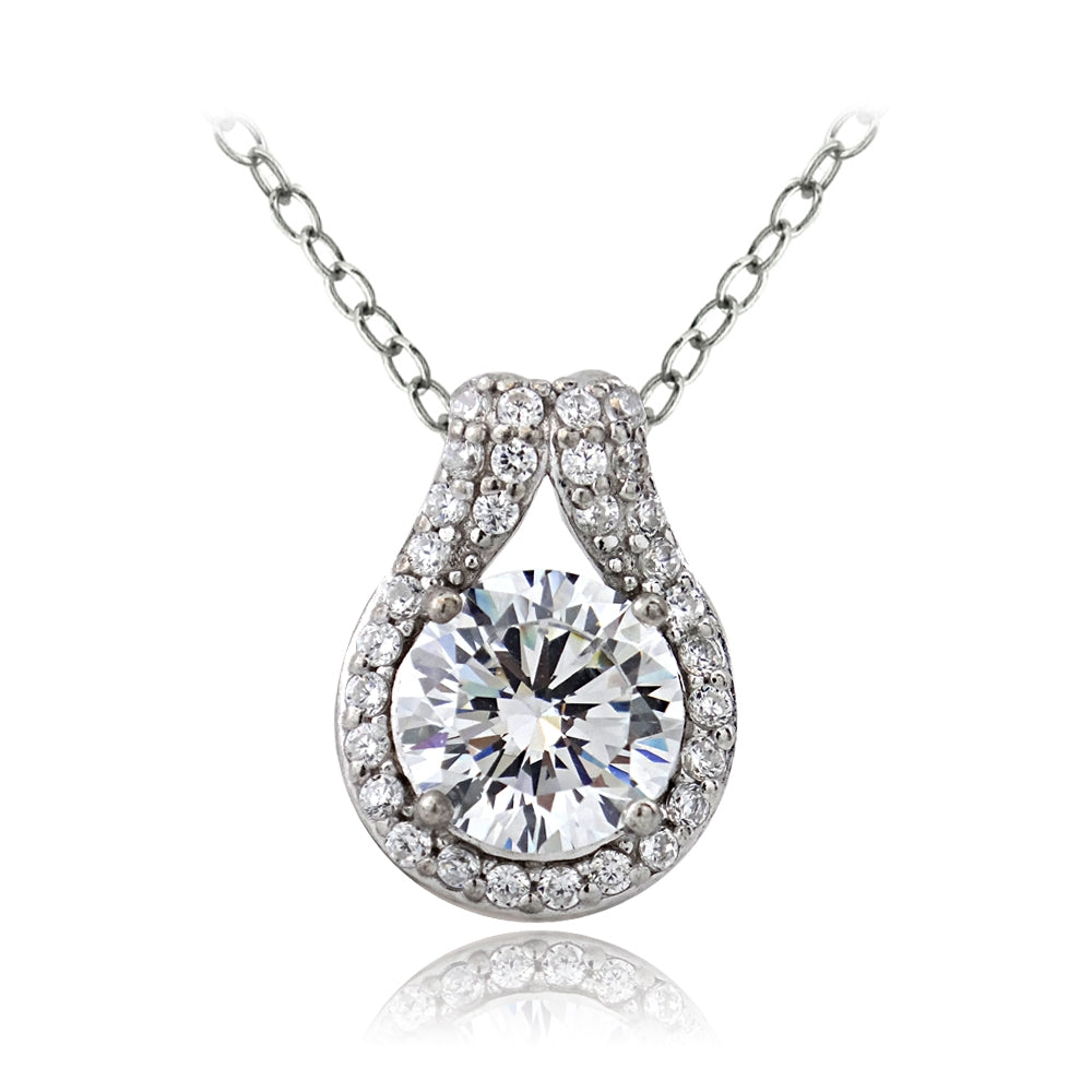 Platinum Plated Sterling Silver 100 Facets Cubic Zirconia Round Teardrop Necklace(2cttw)