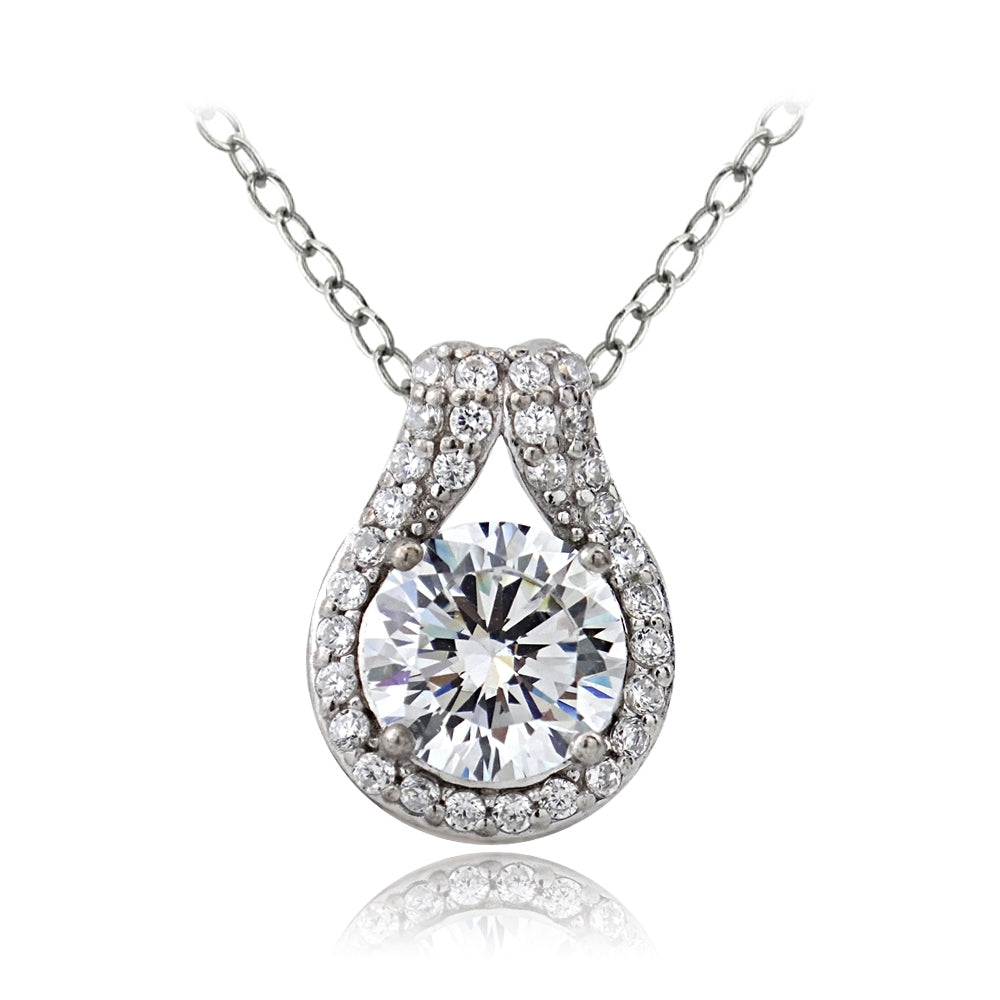 Platinum Plated Sterling Silver 100 Facets Cubic Zirconia Round Teardrop Necklace(2cttw)-2